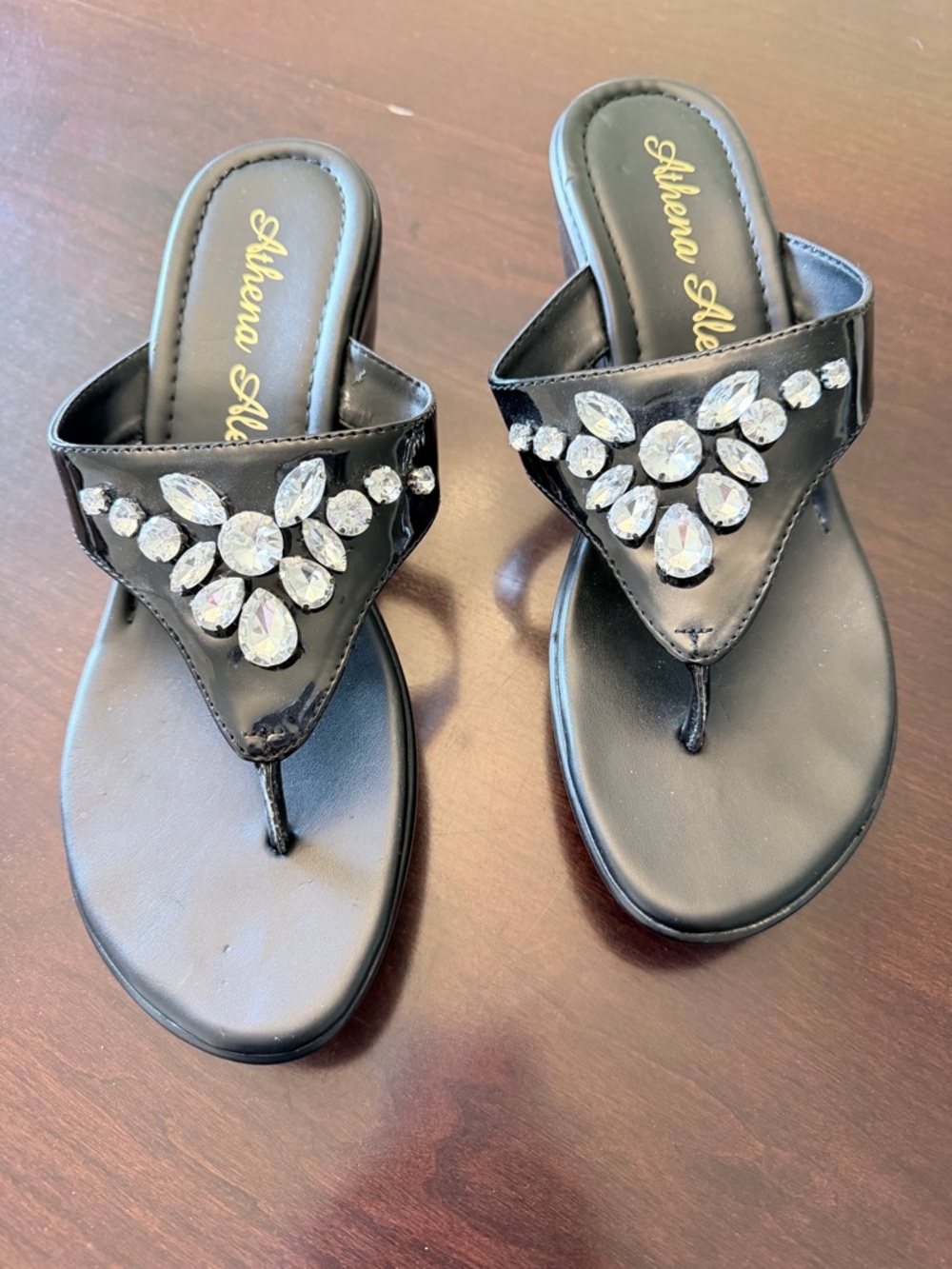 Athena Alexander Black Jeweled Thong Sandals with Crystal Accents